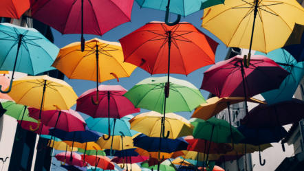 Bunte Regenschirme im Himmel 
